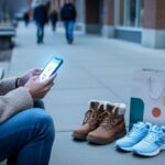 College student preparing a shoe haul for college break, comparing winter boots and spring sneakers while checking online deals on a phone.
