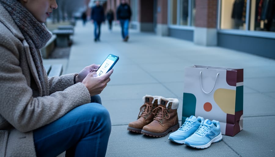 College student preparing a shoe haul for college break, comparing winter boots and spring sneakers while checking online deals on a phone.