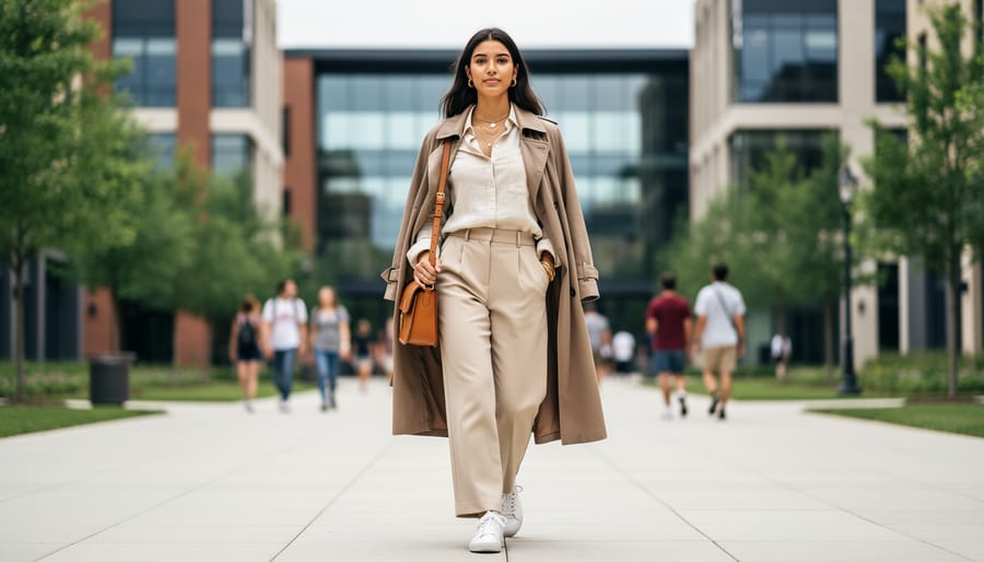 Linen shirt and wide-leg trousers with a woven tote arranged on a boardwalk bench near the ocean