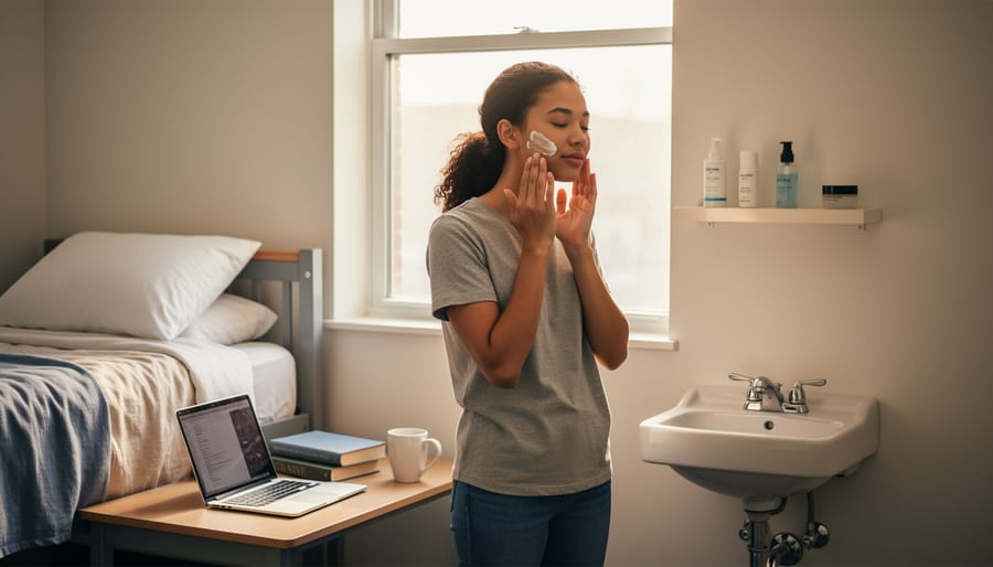 College student washing their face at a bathroom sink with skincare products neatly arranged nearby.