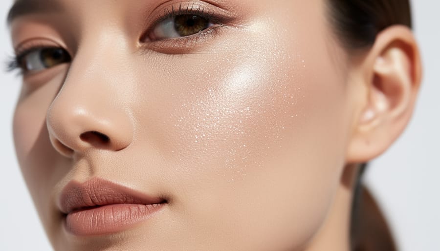 Close-up of a college student applying highlighter with a makeup sponge, showing a soft golden shimmer on skin