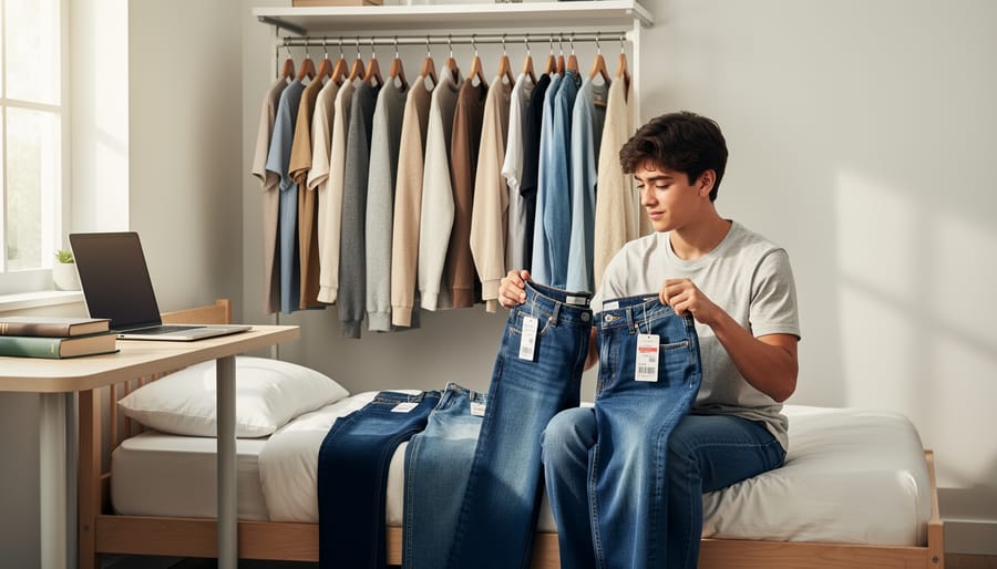 College student’s hands sorting affordable folded clothes on a bed in a dorm room