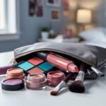 An open makeup bag with colorful eyeshadow palettes, a shimmery cream shadow, lip gloss, and brushes on a desk in a softly blurred dorm room.