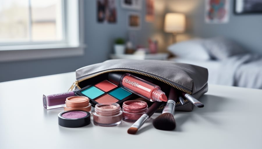 An open makeup bag with colorful eyeshadow palettes, a shimmery cream shadow, lip gloss, and brushes on a desk in a softly blurred dorm room.