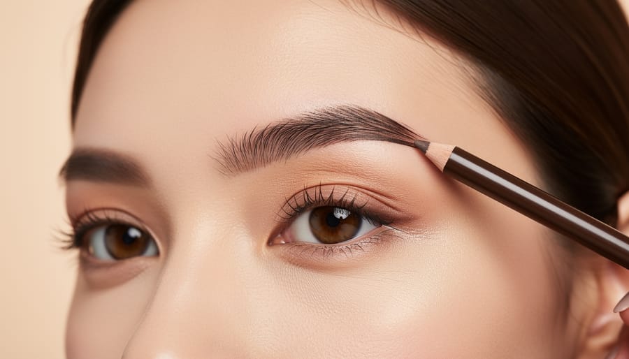 Eyebrow pencil near the mirror with visible brow definition on a face