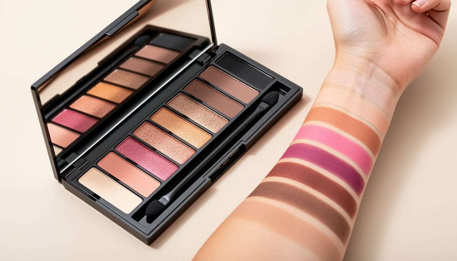 Opened eyeshadow palette with visible shades, brush, and blended swatches on a card