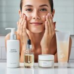 Person applying skincare to their face at a bathroom vanity with cleanser, serum, moisturizer, and SPF products arranged nearby.