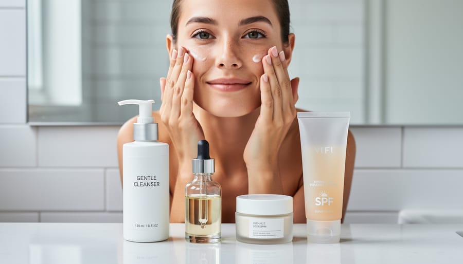 Person applying skincare to their face at a bathroom vanity with cleanser, serum, moisturizer, and SPF products arranged nearby.