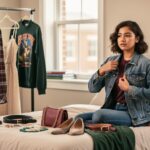 College student arranging and adjusting a layered outfit with thrifted and styled clothing pieces, showing a mix of fashion influences.
