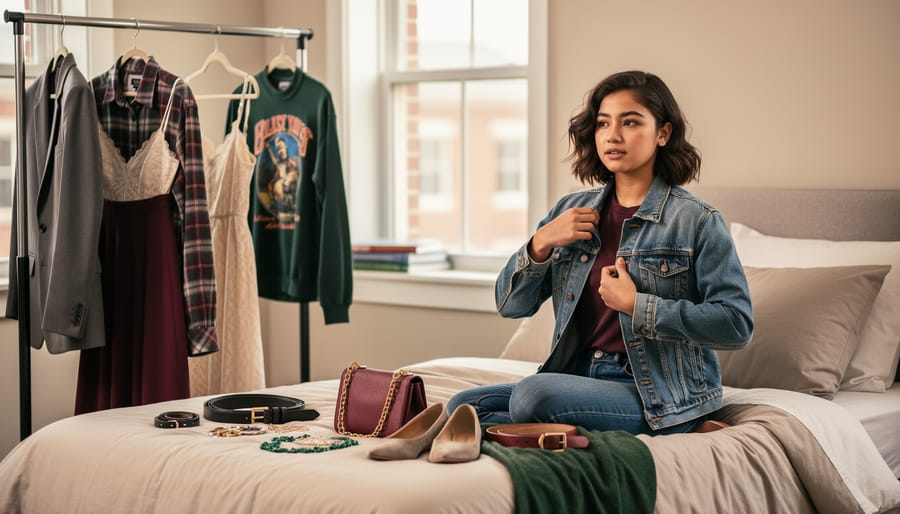 College student arranging and adjusting a layered outfit with thrifted and styled clothing pieces, showing a mix of fashion influences.