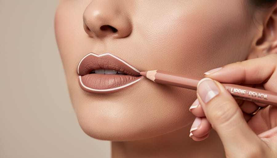 Lip liner pencil creating a defined lip line on paper with close-up focus