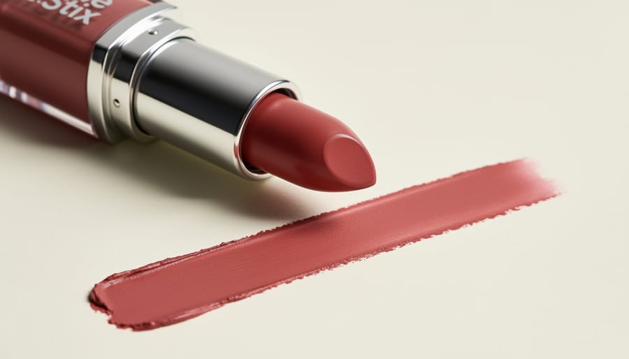 Close-up of Lippie Stix lipstick bullet uncapped with a detailed lip swatch