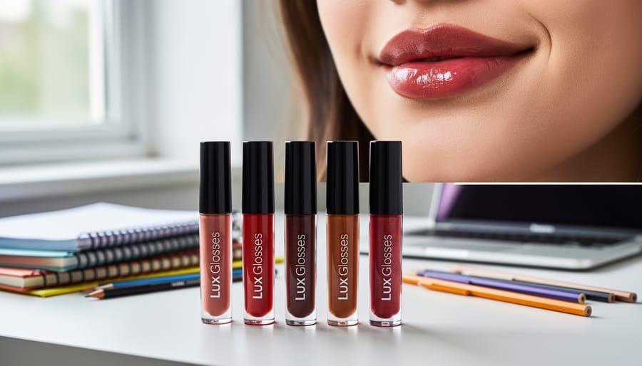 Lip gloss tubes with a glossy swatch on parchment and a softly blurred coffee cup in the background