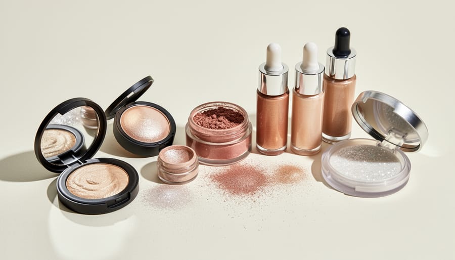 Still life of an open highlighter compact, shimmering eyeshadow palette, and lip gloss on a recycled paper tray