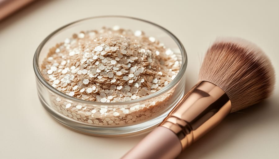 Pearly mica shimmer flakes in a clear glass dish with a makeup brush nearby under soft studio lighting.