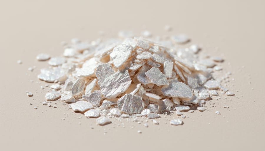 Pearly mica flakes in a small glass dish with a makeup brush nearby under soft studio lighting