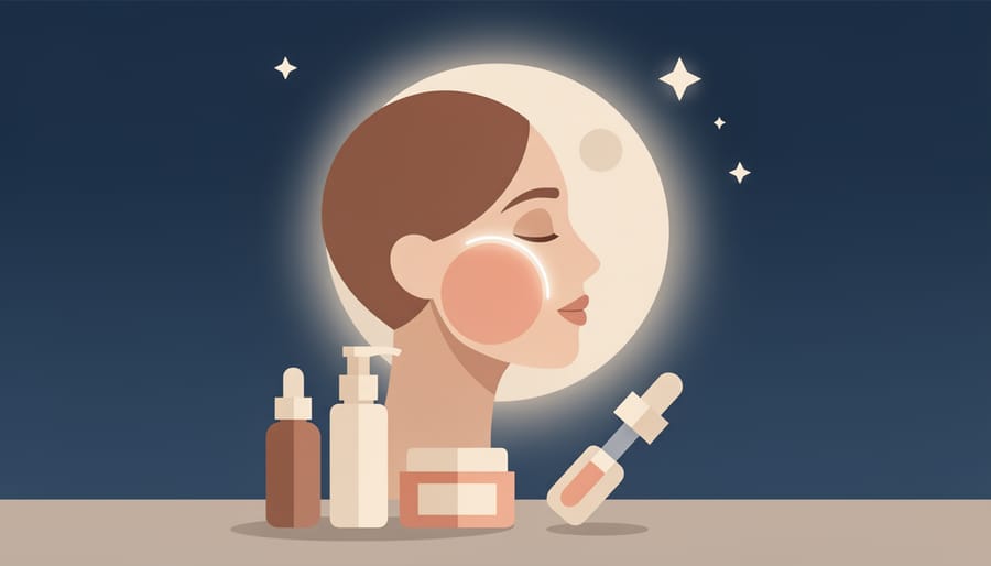 Bedside table with skincare items and resting hands, suggesting a calm nighttime facial routine.