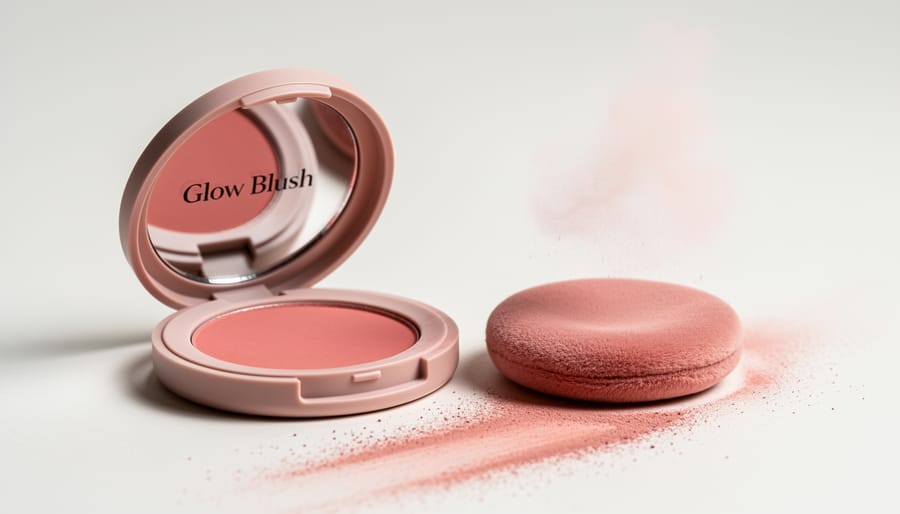 Open pressed powder blush compact with powder puff and blush swatch detail