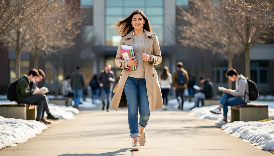 Student walking on a winter campus path holding new transitional shoes