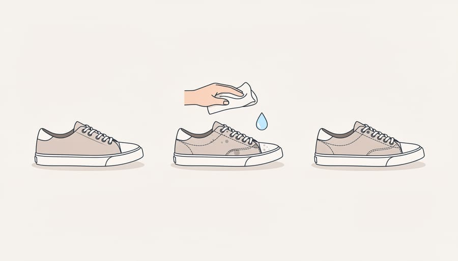 Hands cleaning a pair of shoes with a brush and cloth near a window