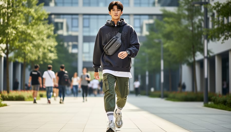 Streetwear outfit with oversized hoodie and cargo pants styled near a skateboard on a campus stair landing