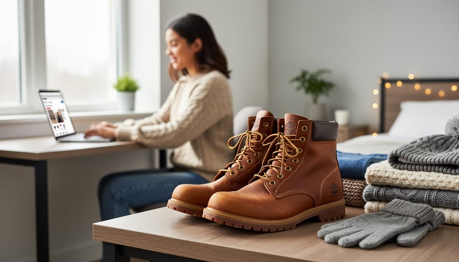College student holding new winter boots while preparing for break in a dorm room