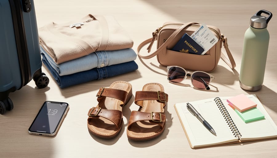 Sandals and shopping bag placed next to a suitcase on a bedroom floor
