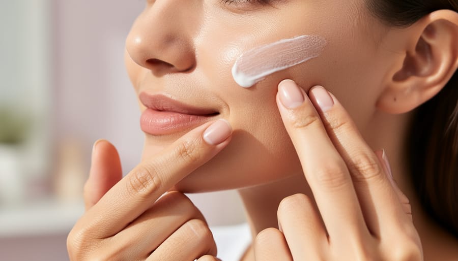 Close-up of sunscreen being applied to fingertips and spread on a cheek.