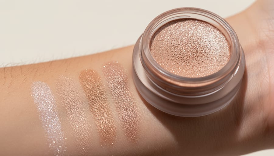 Close-up of a Super Shock Shadow pan with visible shimmer texture and a fingertip swatch