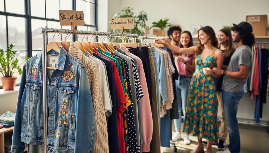 Thrift store clothing racks with a focused outfit hanging in a cozy boutique setting