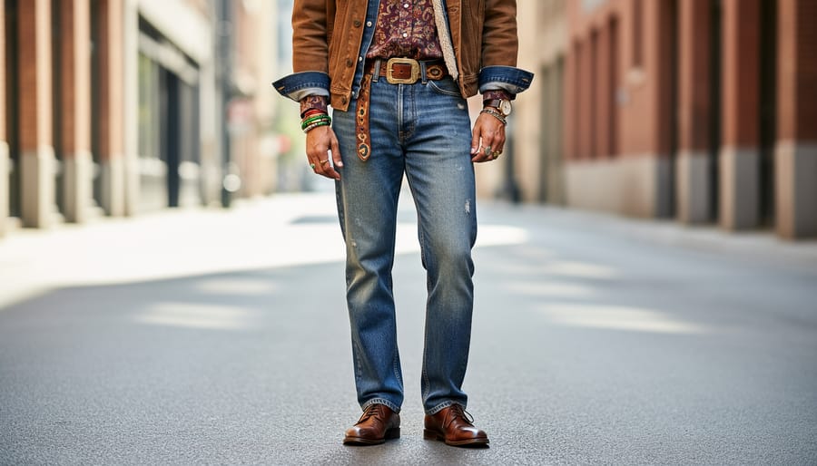 Mixed thrift clothing items laid out on a vintage quilt with embroidered blouse and worn leather boots