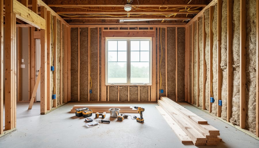 Construction workers examining basement framing and insulation during a renovation