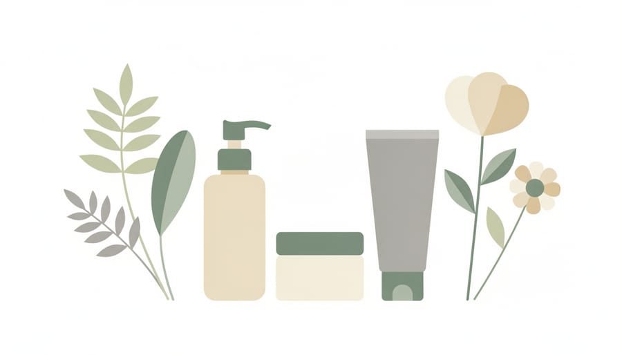 White flowers and green leaves beside a clear skincare jar on a bathroom sink.