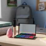 Concealer tube, makeup sponge, and eyeshadow palette on a college dorm desk with study books and a laptop blurred in the background.