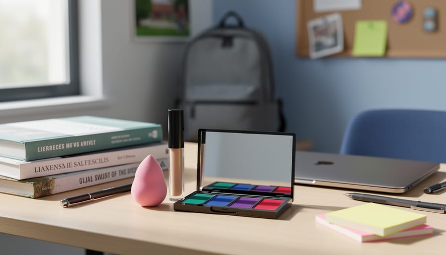 Concealer tube, makeup sponge, and eyeshadow palette on a college dorm desk with study books and a laptop blurred in the background.