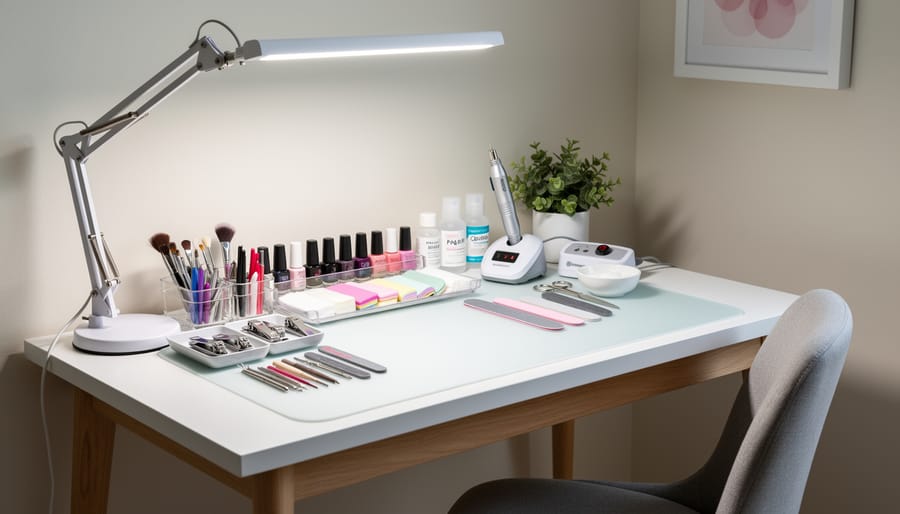 DIY manicure table with a wipeable mat, daylight lamp, and neatly organized nail supplies on a small repurposed desk.