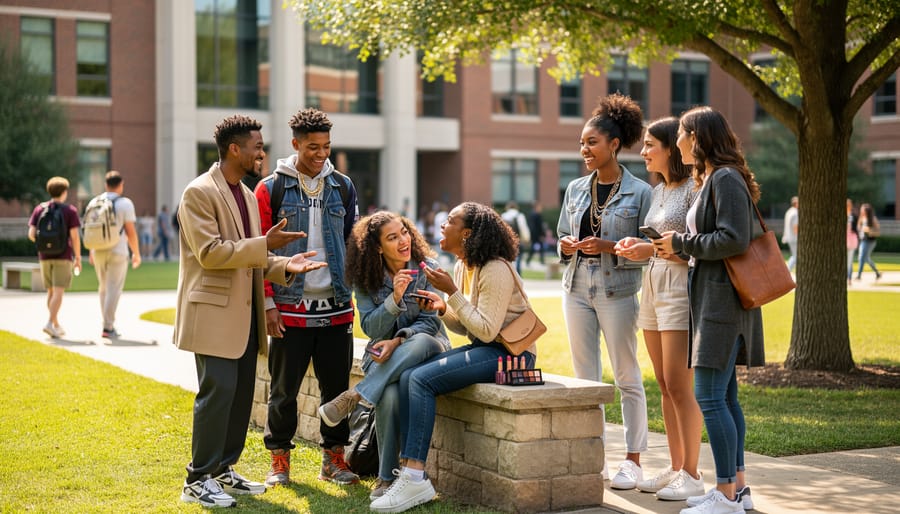 College students chatting in a campus hangout while one scrolls on a phone