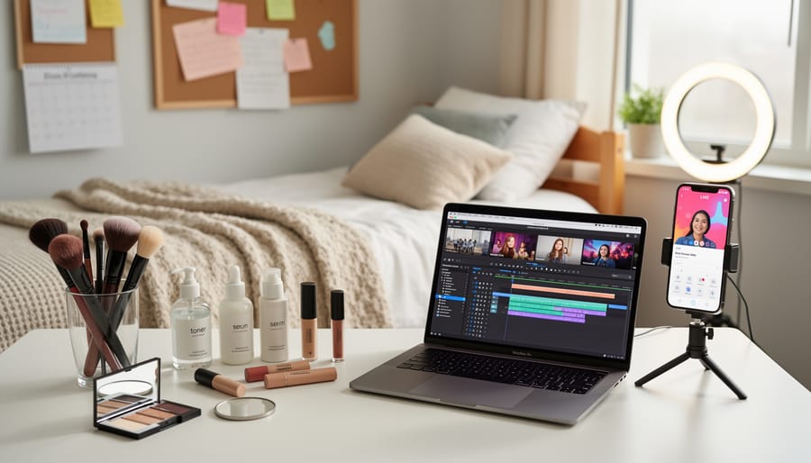 A college student holds a makeup compact while beauty items and a phone are arranged on a dorm desk