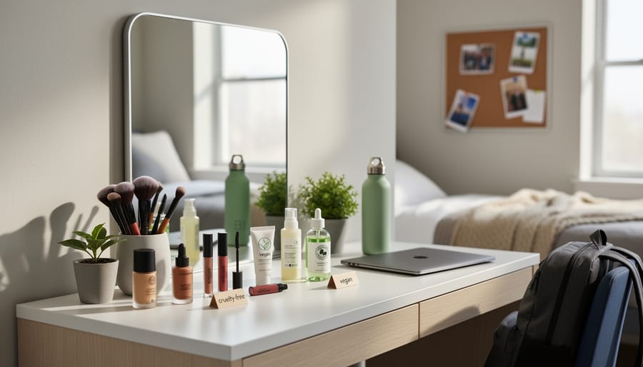 Neatly arranged cosmetics and brushes on a college dorm vanity next to personal essentials.