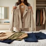 College student holding a neutral jacket while selecting an outfit in a bright, organized dorm room.