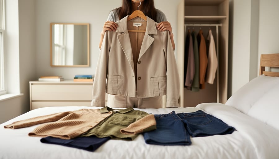 College student holding a neutral jacket while selecting an outfit in a bright, organized dorm room.