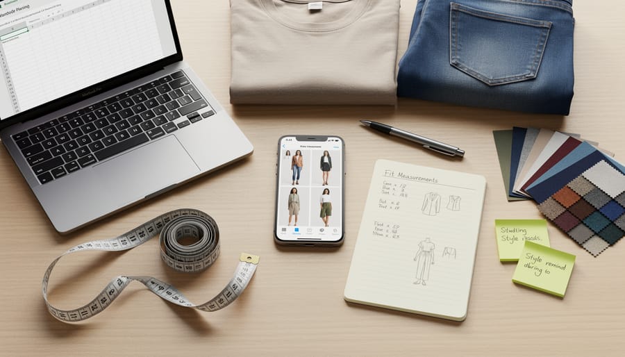 College student’s room setup with a full-length mirror, smartphone outfit photo setup, measuring tape, and a closet with basics arranged neatly.