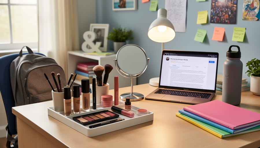 College vanity scene with concealer, makeup tools, and books softly blurred in the background
