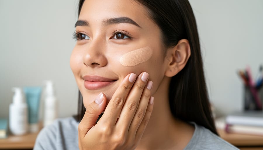 Close-up of concealer application on a natural cheek in soft studio lighting