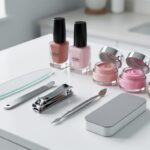 Neatly organized DIY manicure kit with glass nail file, clippers, cuticle pusher, buffer block, base and top coat, and nail polish shades on a bright white vanity