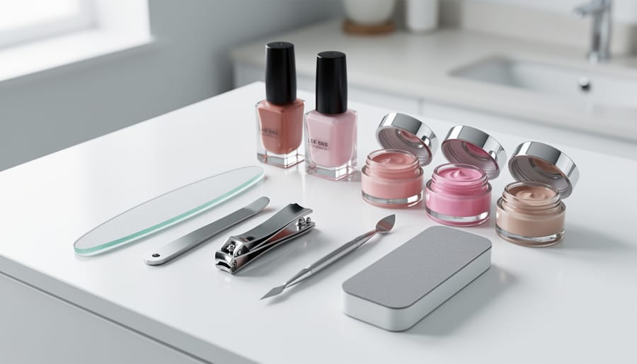 Neatly organized DIY manicure kit with glass nail file, clippers, cuticle pusher, buffer block, base and top coat, and nail polish shades on a bright white vanity