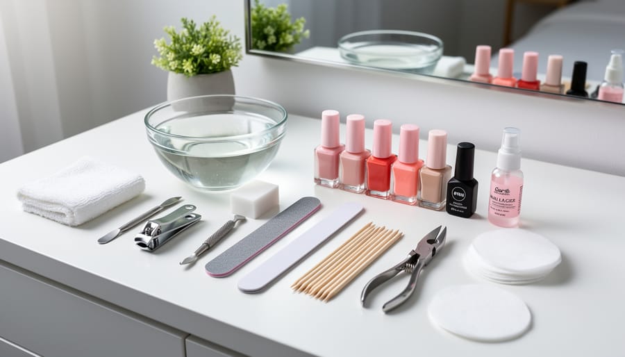 A neatly organized DIY manicure kit with nail tools and polish products arranged on a white vanity.