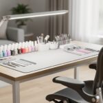 “Budget-friendly DIY manicure table with a wipeable mat, organized nail polishes and tools, and a clip-on daylight lamp illuminating the workspace.”