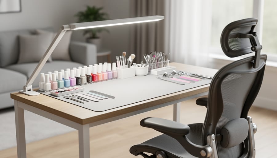 “Budget-friendly DIY manicure table with a wipeable mat, organized nail polishes and tools, and a clip-on daylight lamp illuminating the workspace.”