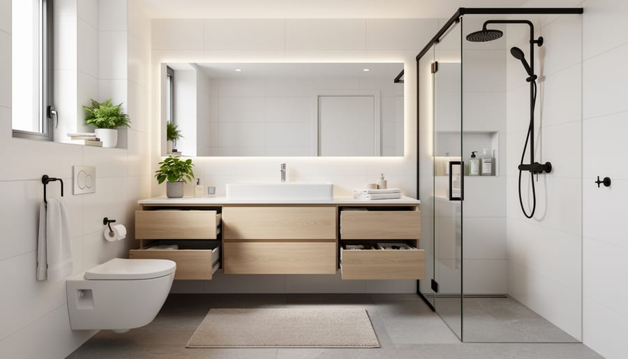 Modern finished basement bathroom area with vanity, mirror, and tiled shower